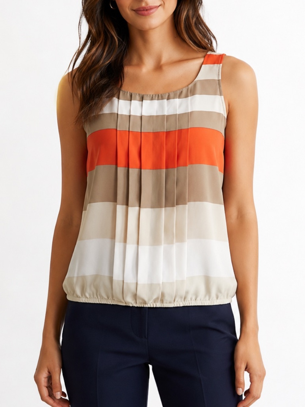 ALFANI Striped Pleated Sleeveless Blouse Orange Tan Bubble Hem Size 8